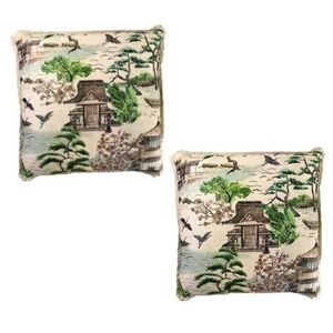Set of 2 Asian toile linen pillow covers 22" x 22" barkcloth texture chinoiserie